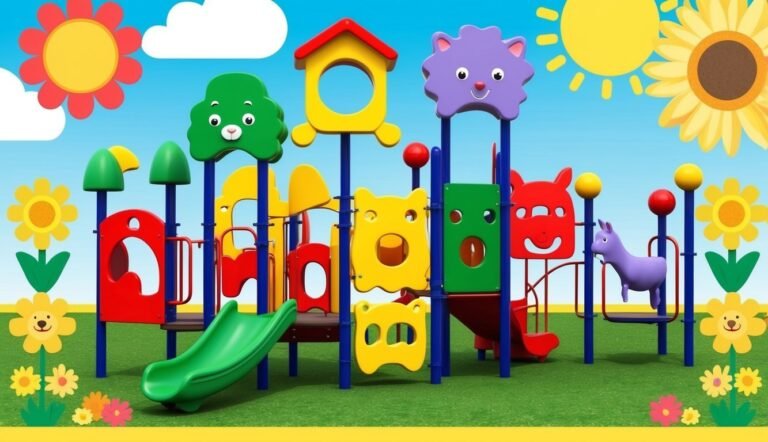 Colorful cartoon playground with slides, animal shapes, and a sunny sky background