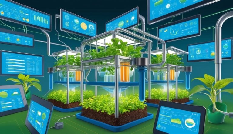 Indoor hydroponic farm with plants, screens, and data analysis