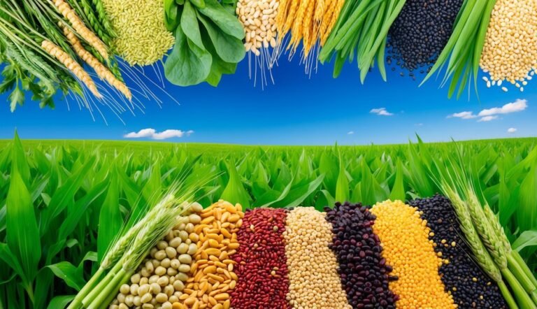 Various grains and beans with a field of corn under a blue sky