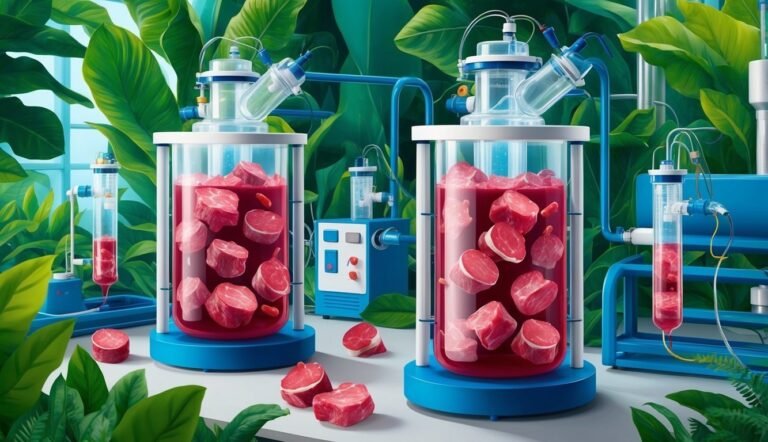 Laboratory equipment with meat chunks in liquid, surrounded by plants