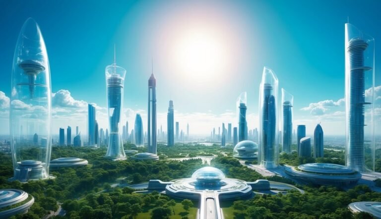 Futuristic city with transparent skyscrapers, green spaces, and sunny sky