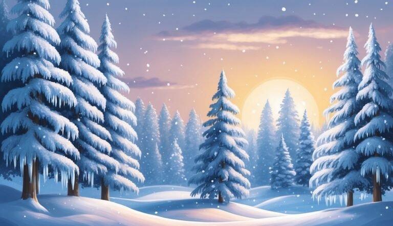 Snow-covered pine trees in a winter landscape with a setting sun