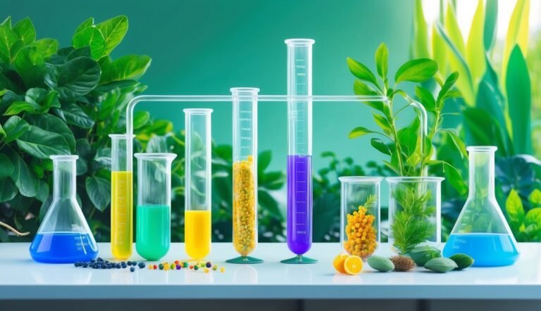 Laboratory glassware with colorful liquids and plants, representing science and nature