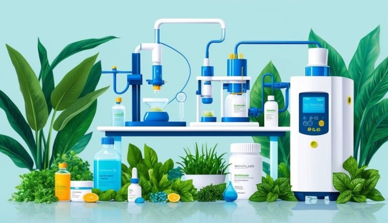 Laboratory equipment and skincare products surrounded by green plants