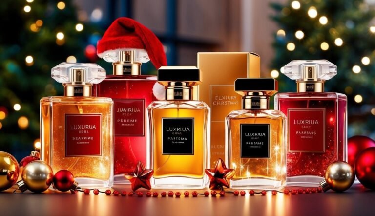 Christmas-themed perfume bottles with holiday decorations and a Santa hat
