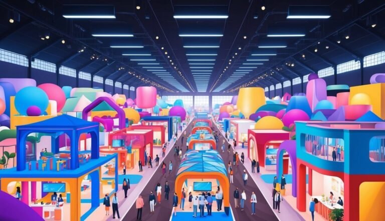 Colorful exhibition hall with people, booths, and abstract shapes