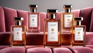 Five luxury perfume bottles with gold accents on a pink velvet couch