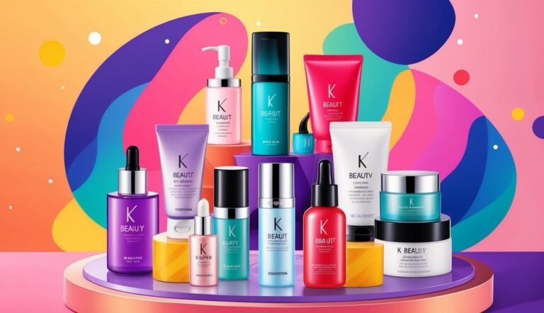Cosmetics products with "K BEAUTY" branding on a colorful, abstract background
