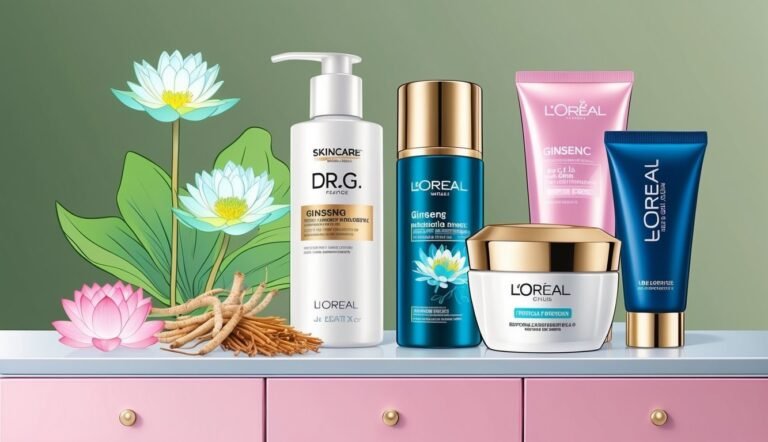 L'Oréal skincare products with lotus flowers and ginseng roots on a pink shelf