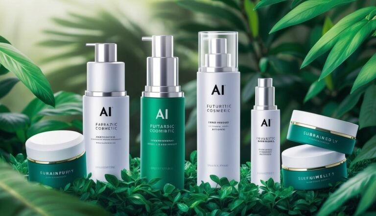 Cosmetic products with "AI" logo, in white and green bottles, surrounded by green leaves