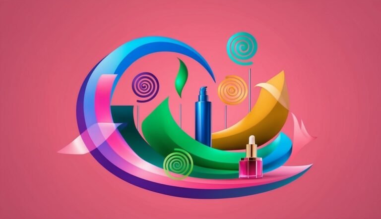 Abstract illustration of beauty products with geometric shapes on pink background