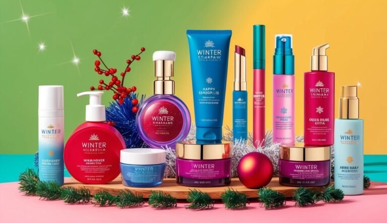 Cosmetics and skincare products arranged on a wooden board with festive decorations