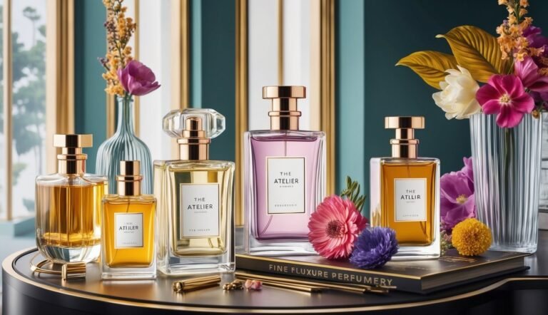 Perfume bottles, flowers, and a book on a table with a gold trim
