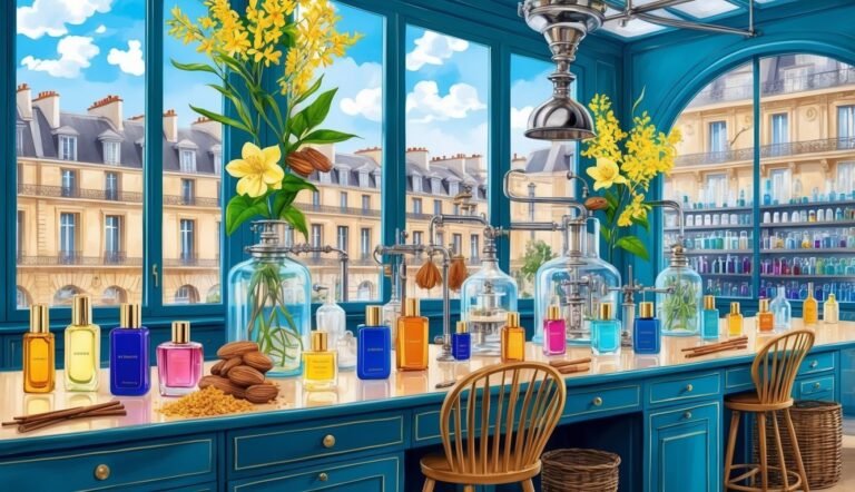 Perfume bottles, lab equipment, and flowers in a Parisian-style perfume shop
