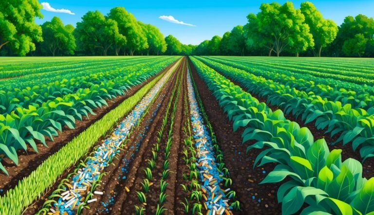 Rows of crops in a field with trees under a blue sky