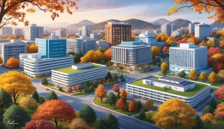 Cityscape with modern buildings, autumn trees, and mountains in the background