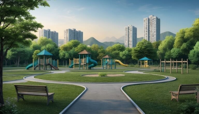 Park with playground equipment, benches, trees, and apartment buildings in background