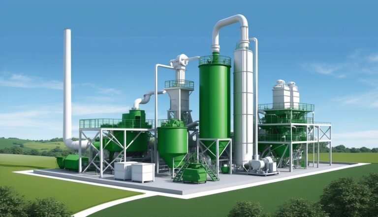 Green and white industrial plant with pipes and tanks on a green field