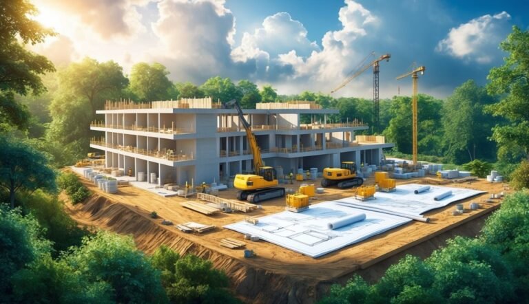 Construction site with building, cranes, blueprints, and heavy machinery in a forest