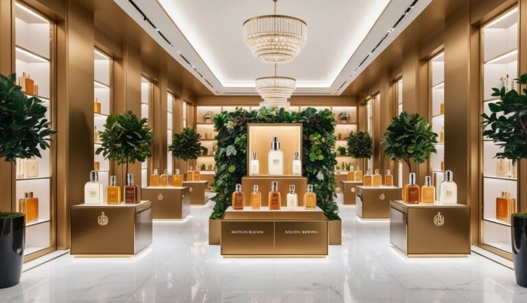 Luxury perfume store with gold accents, chandeliers, and product displays
