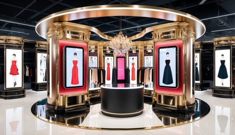 Luxury fashion boutique with digital displays showcasing dresses and a chandelier