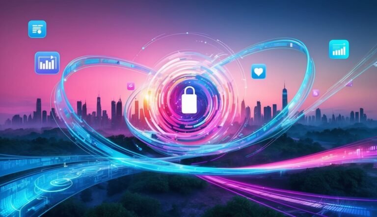 Digital security concept with lock icon, city skyline, and data visualization