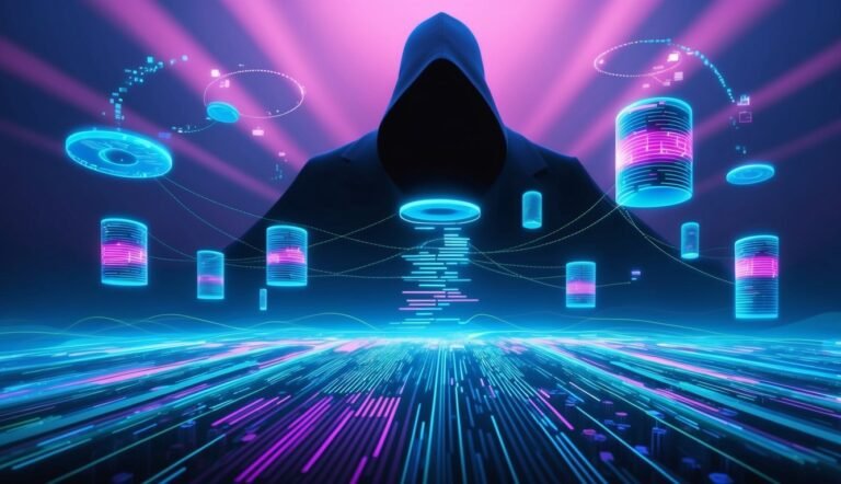 Hooded figure surrounded by glowing data cylinders and digital lines, cyberpunk aesthetic