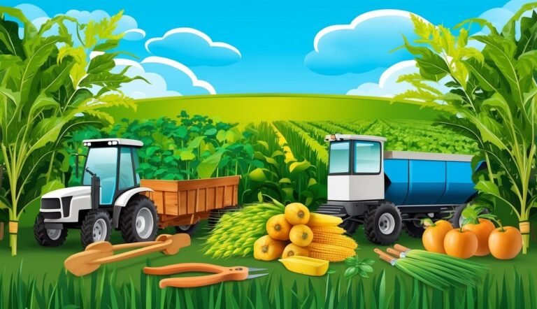 Farm scene with tractors, crops, and tools under a blue sky