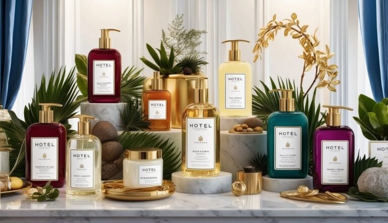 Various colored hotel toiletries with gold accents, arranged on a marble surface
