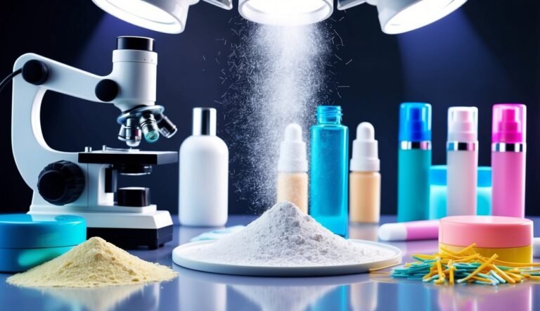 Microscope, powders, and cosmetic bottles under bright lights, lab setting