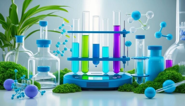 Laboratory equipment with colorful liquids, molecular models, and green moss