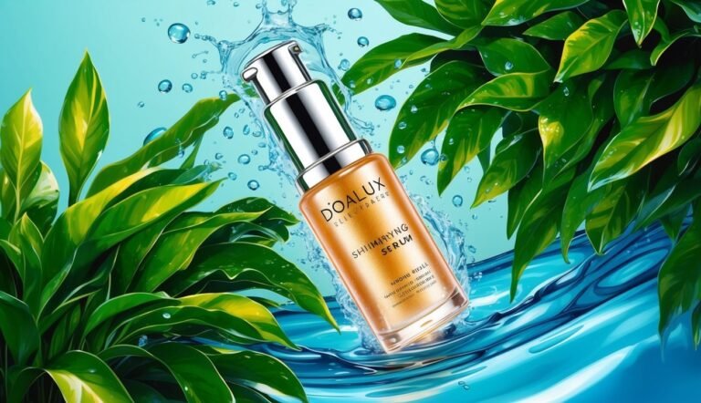Shimmering serum bottle surrounded by water, leaves, and water droplets