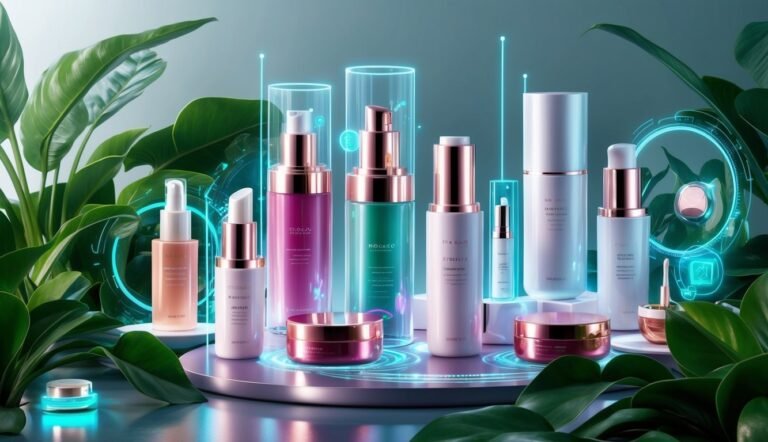 Cosmetic products displayed with leaves and glowing digital elements