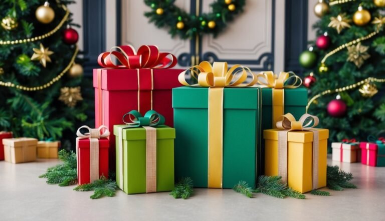 Christmas gifts with colorful bows in front of decorated Christmas trees