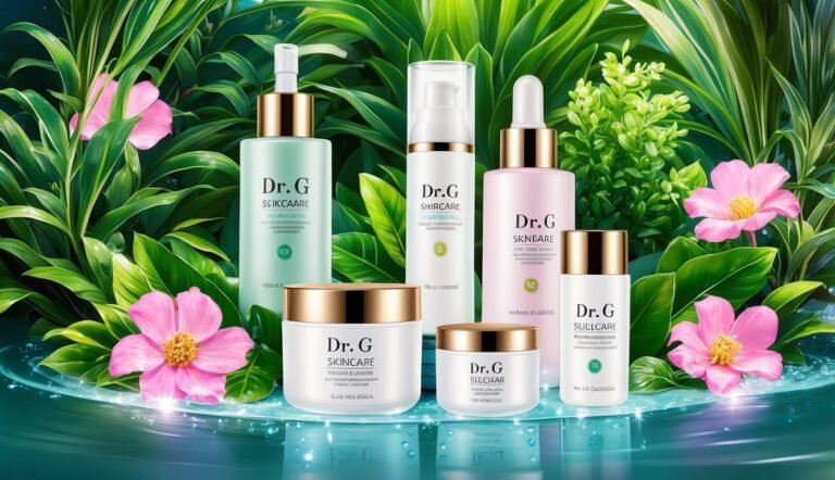 Dr. G skincare products arranged with flowers and lush green foliage