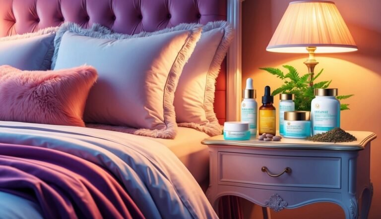 Cozy bedroom scene with skincare products on a nightstand next to the bed