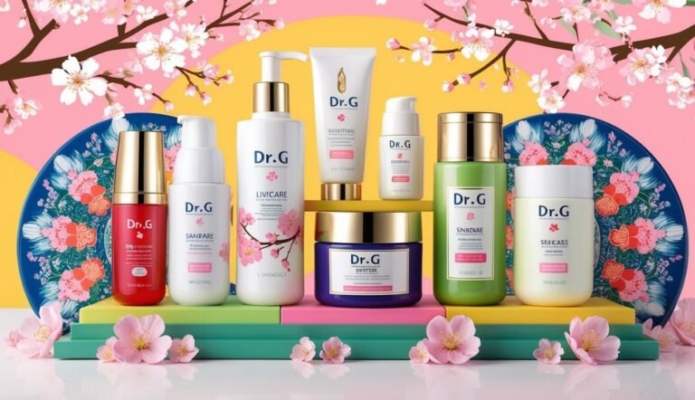 Dr. G skincare products arranged on colorful platforms with cherry blossom decor