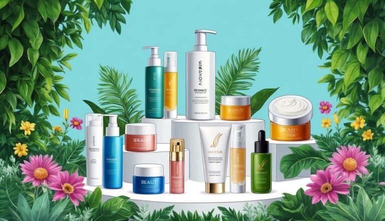 Cosmetics products arranged with flowers and foliage against a blue background