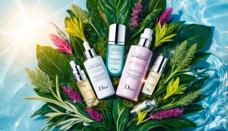 Dior skincare products surrounded by tropical leaves and water