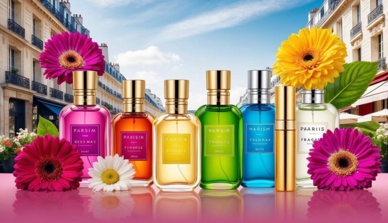 Perfume bottles in various colors with flowers in front of a Parisian street
