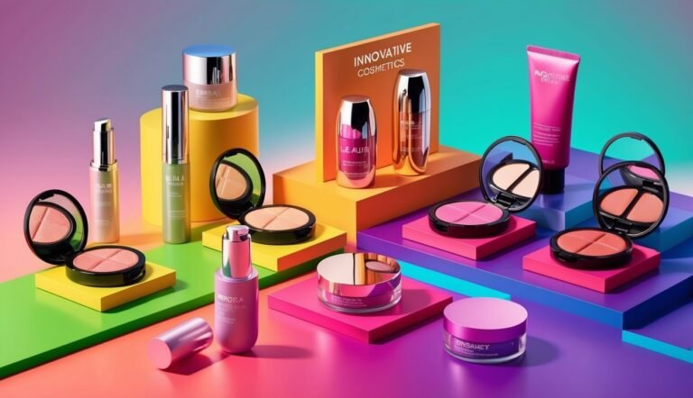 Cosmetics products arranged on colorful geometric platforms with mirrors and text