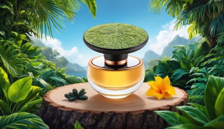 Perfume bottle with green top on a tree stump in a tropical setting