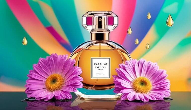 Perfume bottle with flowers and golden droplets on a colorful background