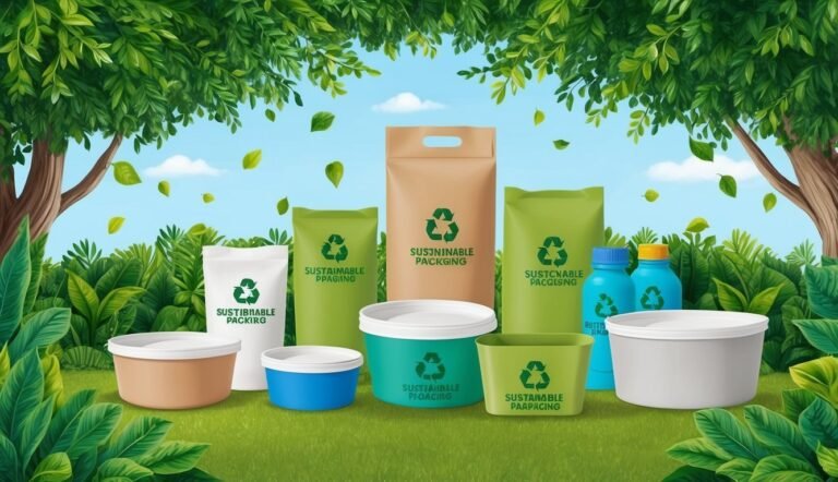 Various sustainable packaging options with recycle symbol in a natural setting