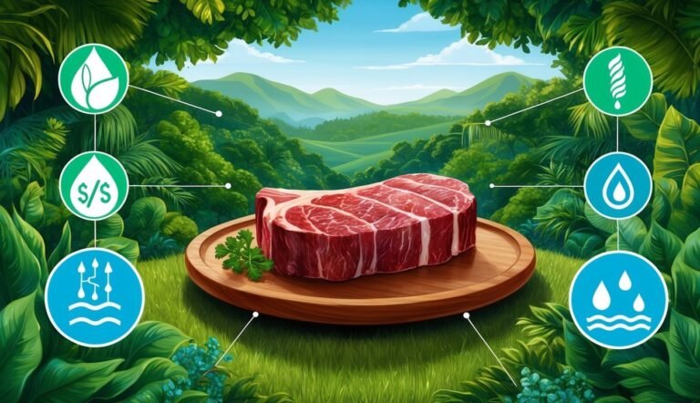 Large raw steak on wooden plate, surrounded by nature and icons