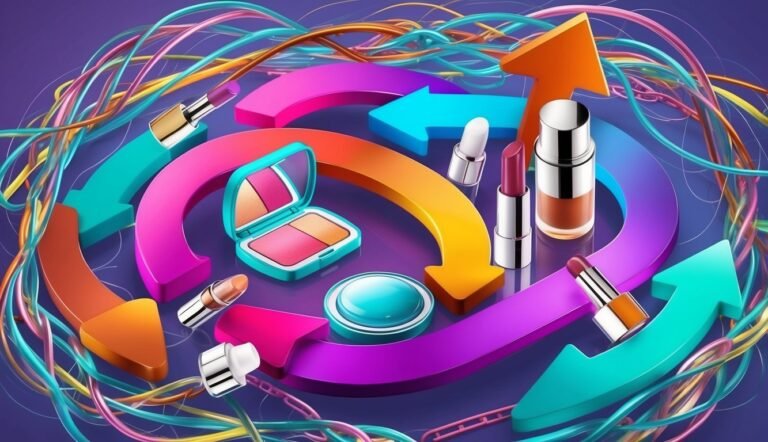 Makeup products and colorful arrows on a purple background with swirling lines