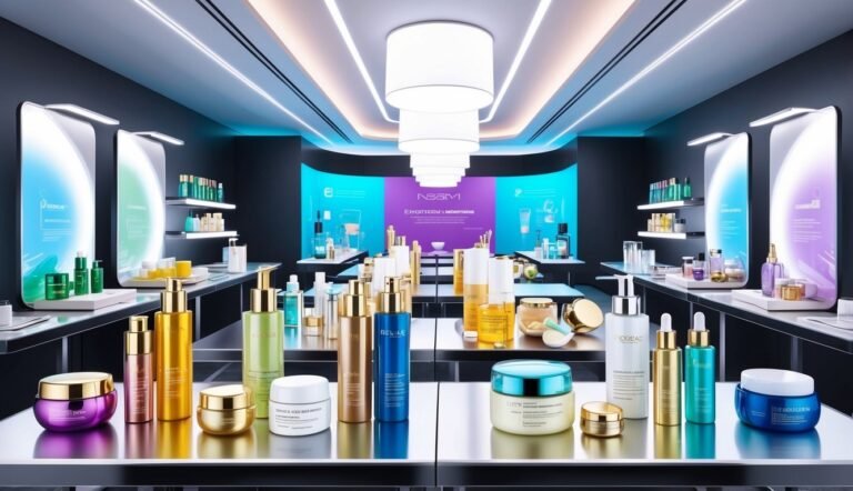 Cosmetics display in a modern store with various bottles and jars
