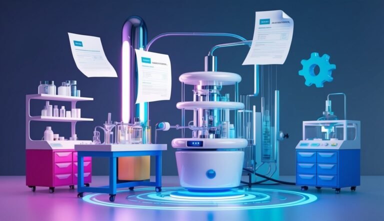 Futuristic lab with equipment, documents, and a glowing blue gear icon