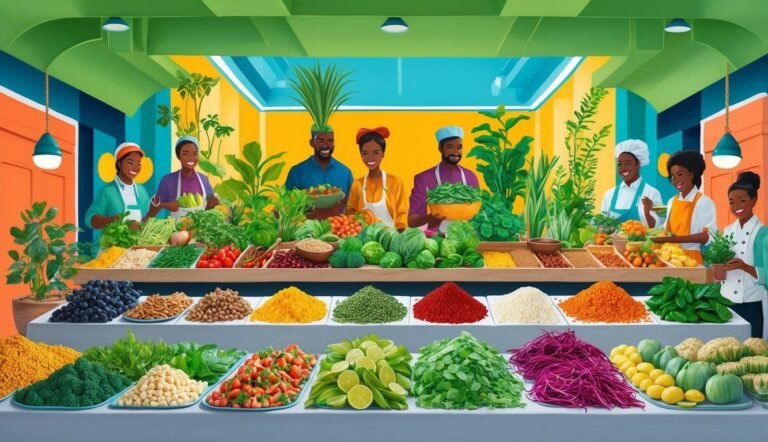 People behind a counter display fresh produce in a vibrant market
