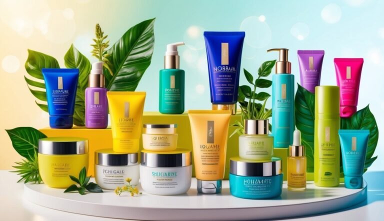 Cosmetics products in various colorful tubes and jars, with green leaves